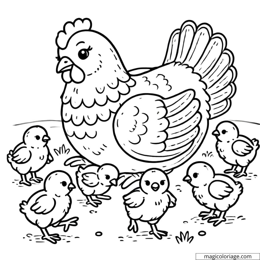 Coloriage ferme à imprimer avec une poule et ses poussins, idéal pour les enfants.