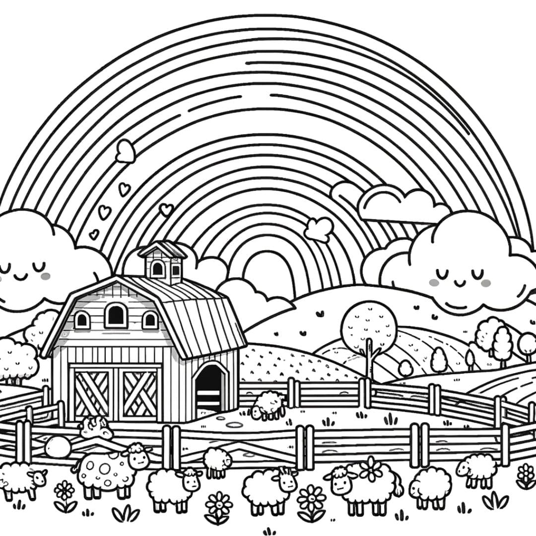 Ferme avec un arc-en-ciel et des nuages