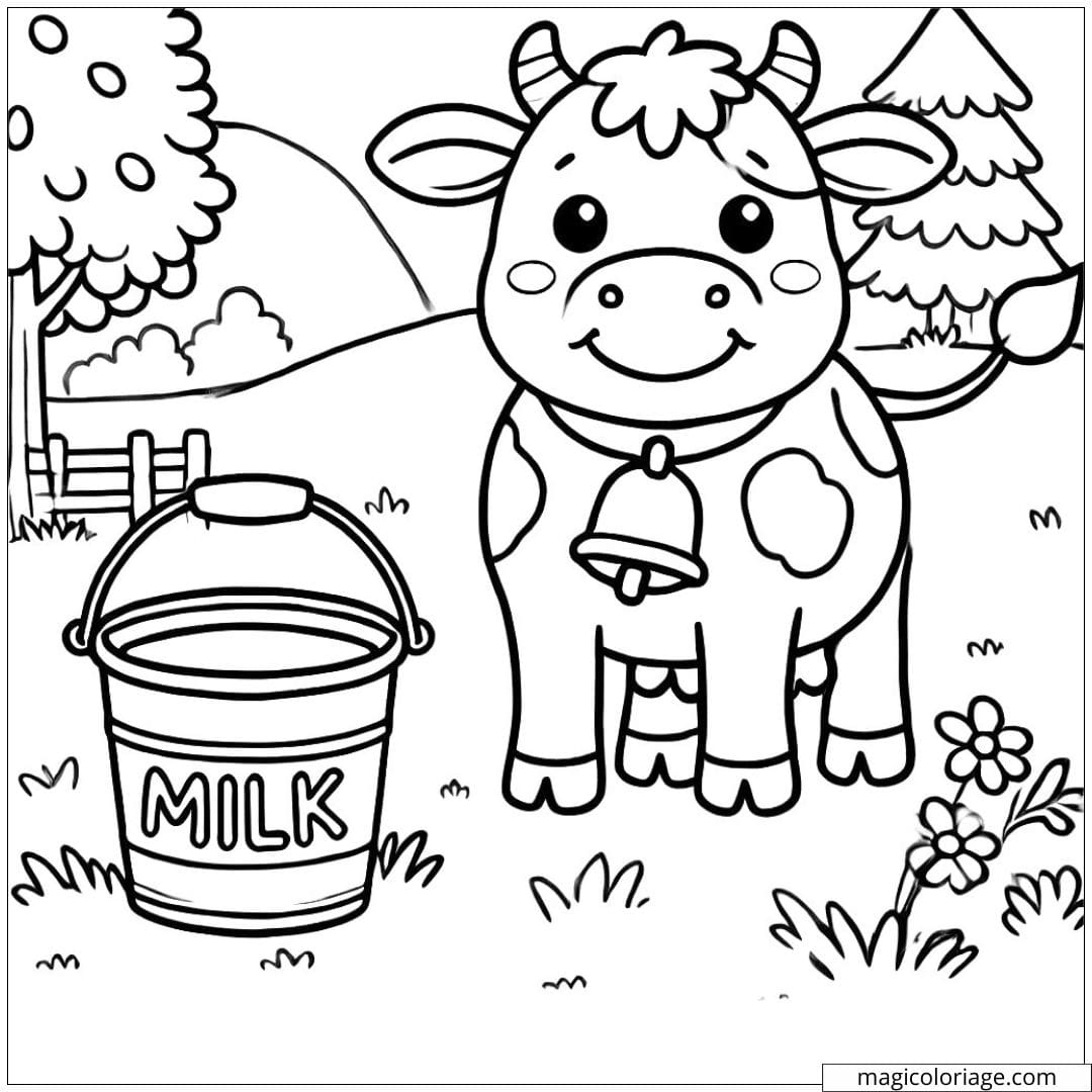Coloriage ferme à imprimer avec une vache et un seau à lait, idéal pour les enfants.