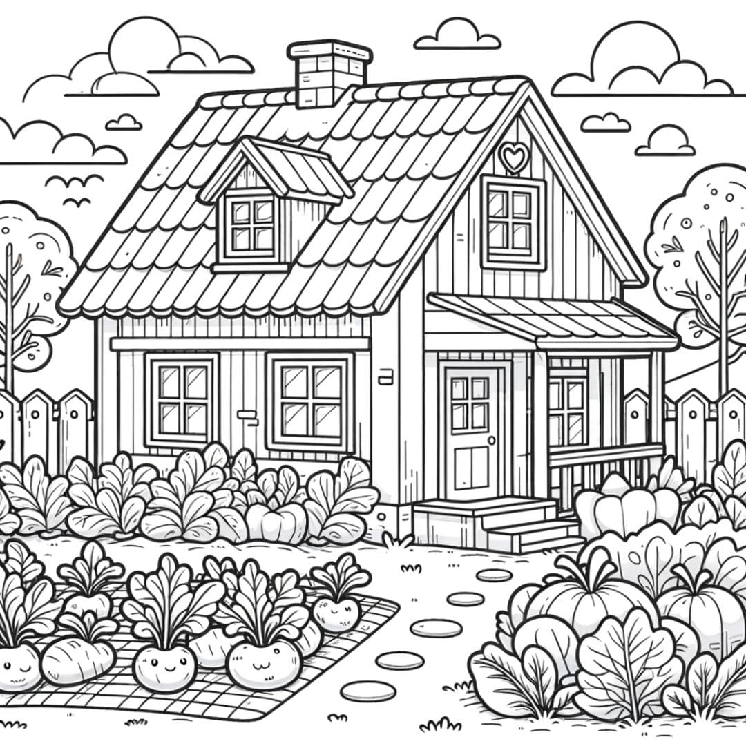 Coloriage d'une Maison de ferme avec un potager