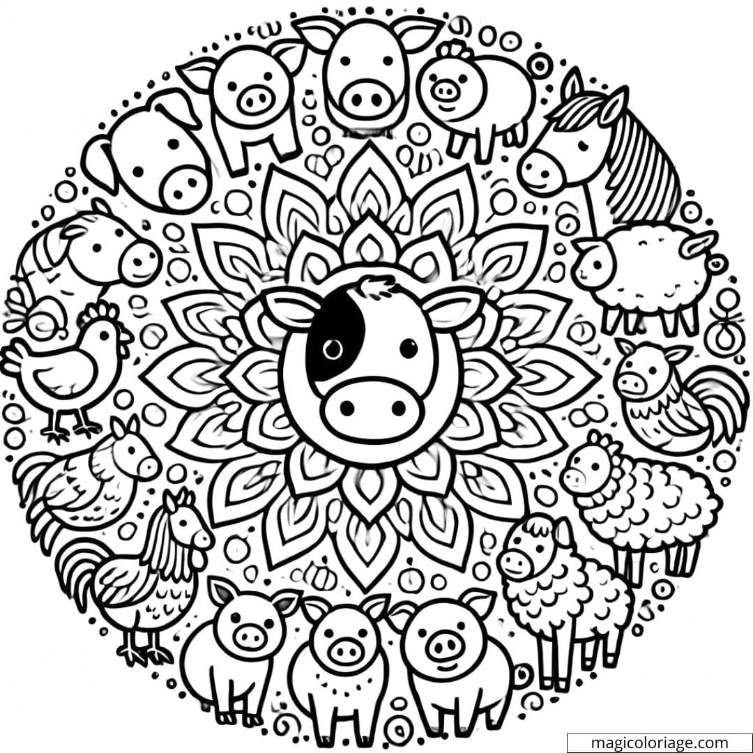 Mandala avec vache, cochons, poules, chevaux, moutons pour coloriage enfants.