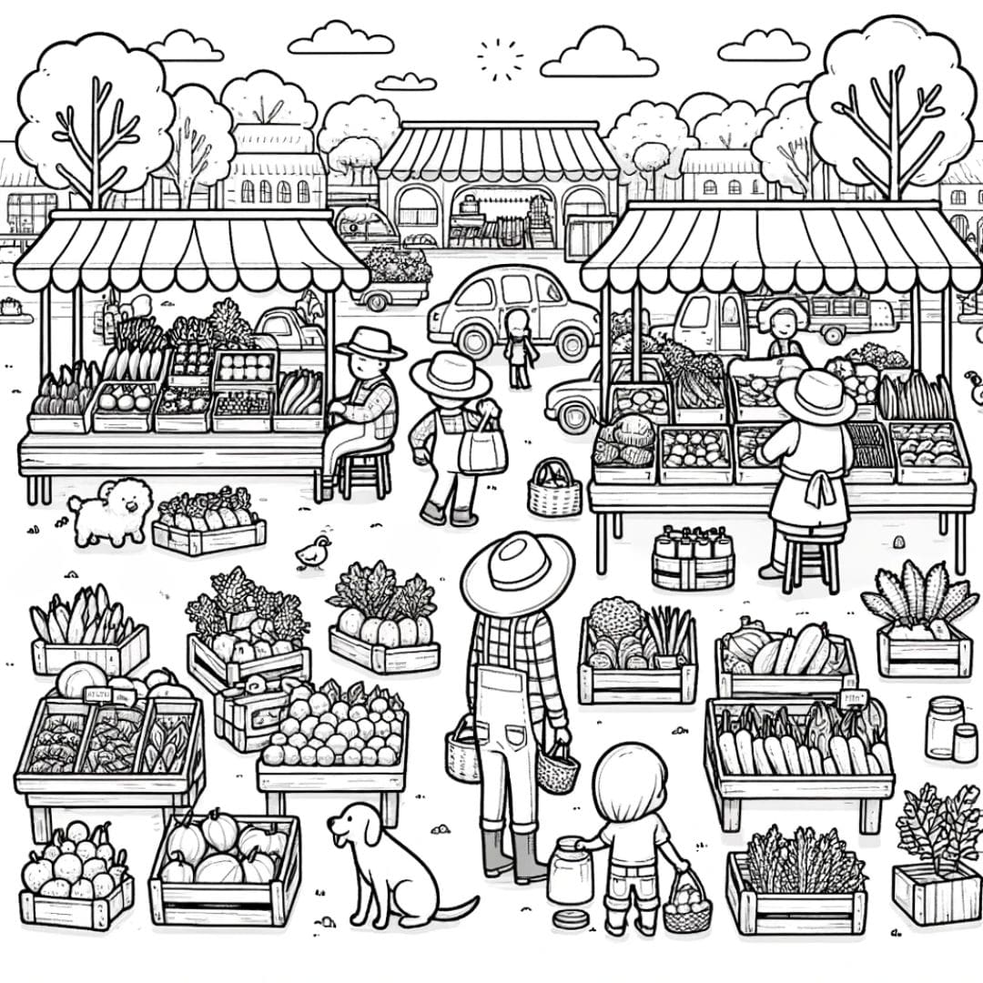 Dessin à colorier Marché de produits frais de la ferme