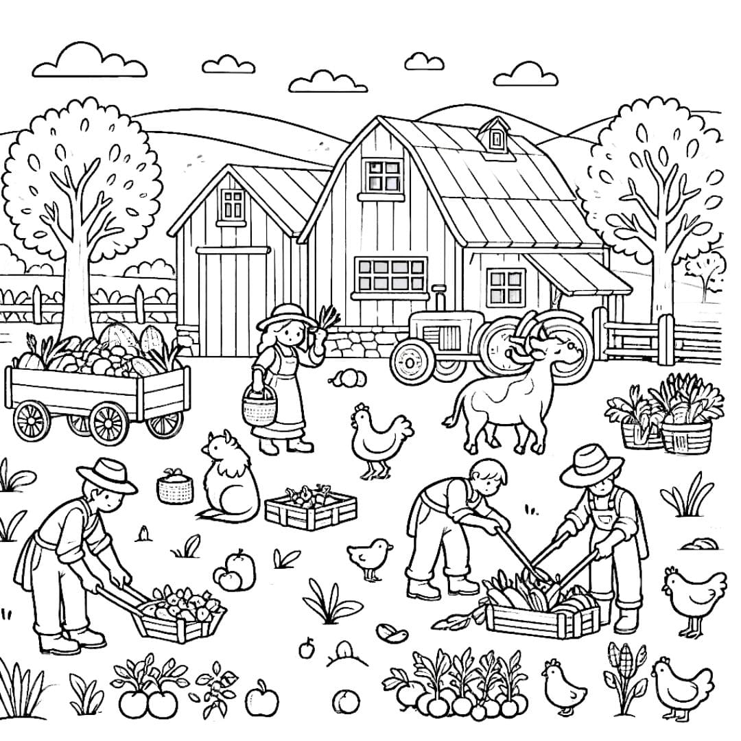 Dessin à colorier d'une scène de récolte à la ferme
