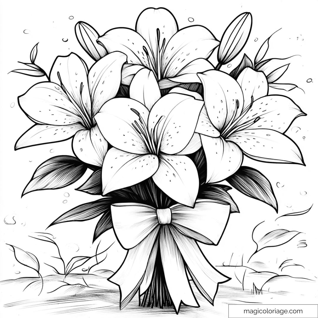 Coloriage bouquet de fleurs avec ruban pour relaxation et créativité.