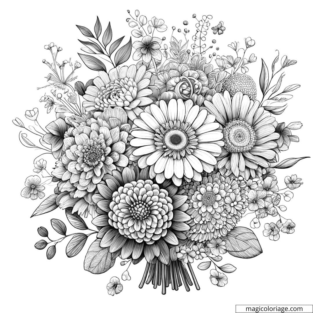 Coloriage bouquet de fleurs difficile avec des petites fleurs et des motifs complexes.