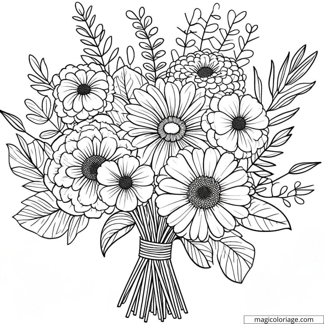 Coloriage bouquet de fleurs facile avec de grandes fleurs simples et des lignes larges.
