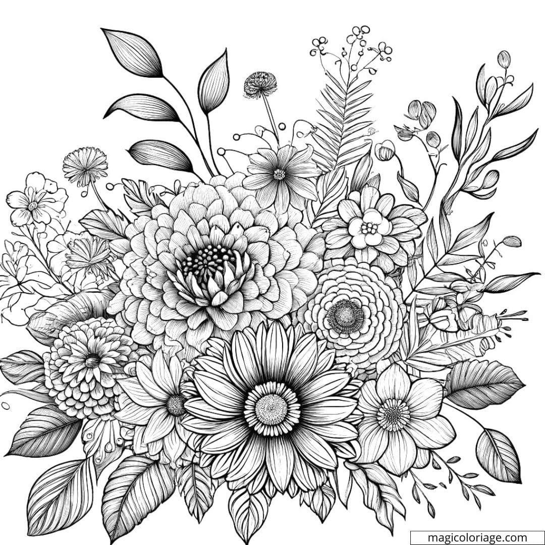 Coloriage bouquet de fleurs intermédiaire avec des fleurs moyennes et des motifs détaillés.