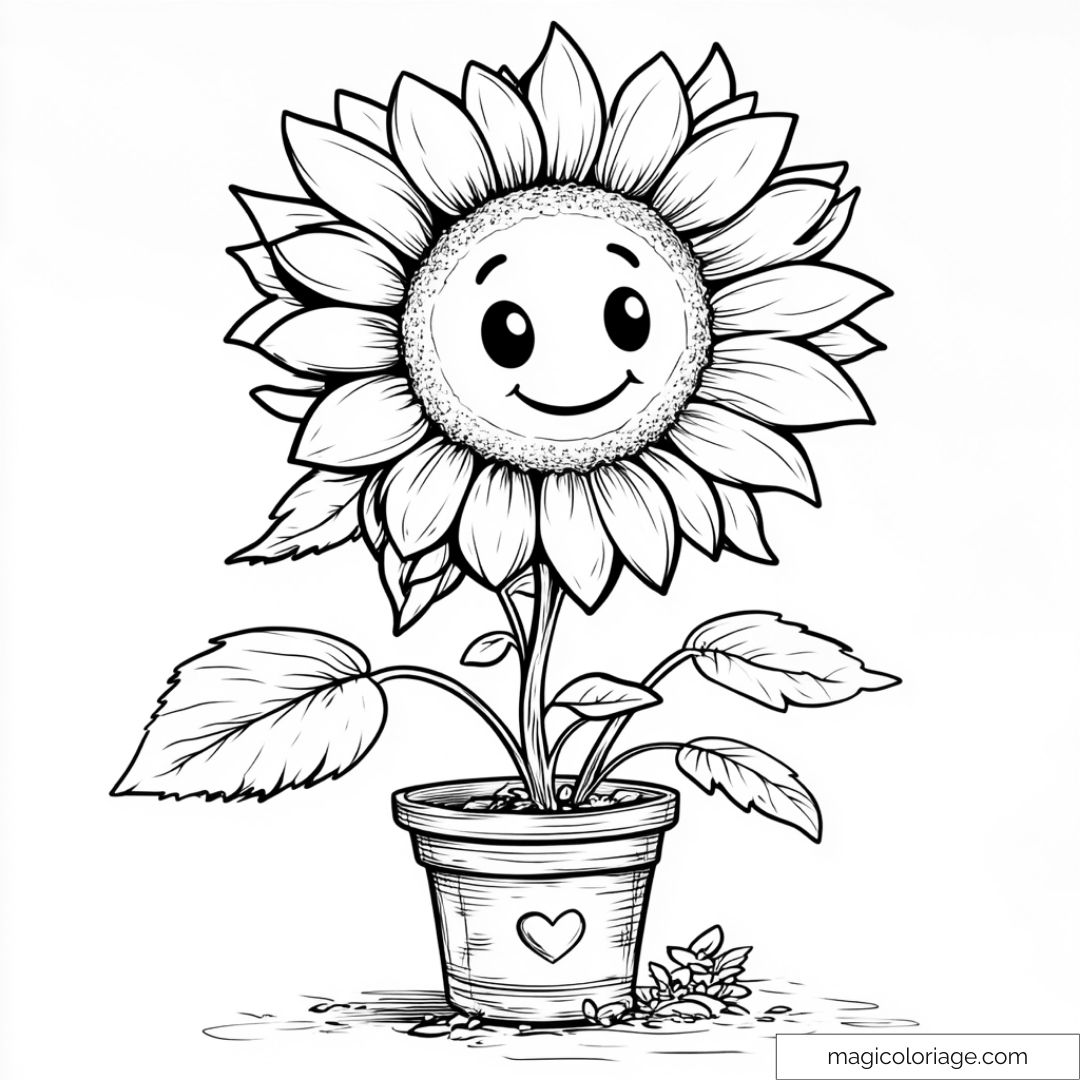 Image d'un tournesol souriant dans un pot avec un cœur