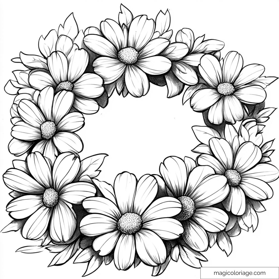 Couronne de fleurs à colorier pour relaxation et créativité.