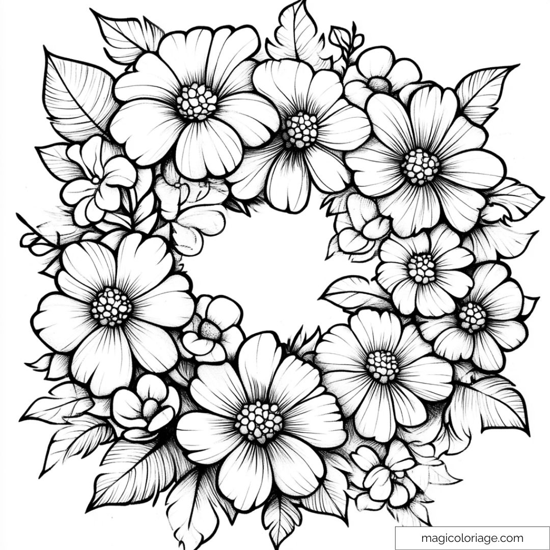 Image de couronne de fleurs en traits fins pour coloriage adulte.