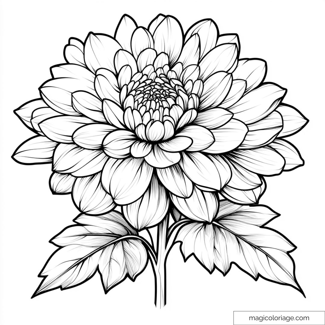 Image de dahlia en noir et blanc pour coloriage floral créatif.