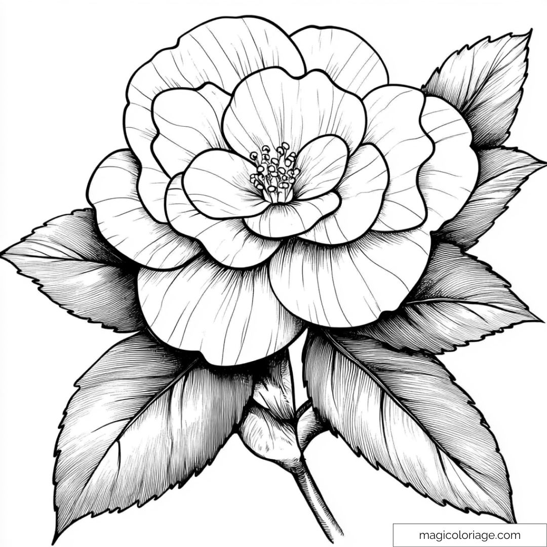 Coloriage de fleur détaillée avec pétales et feuilles pour enfants.