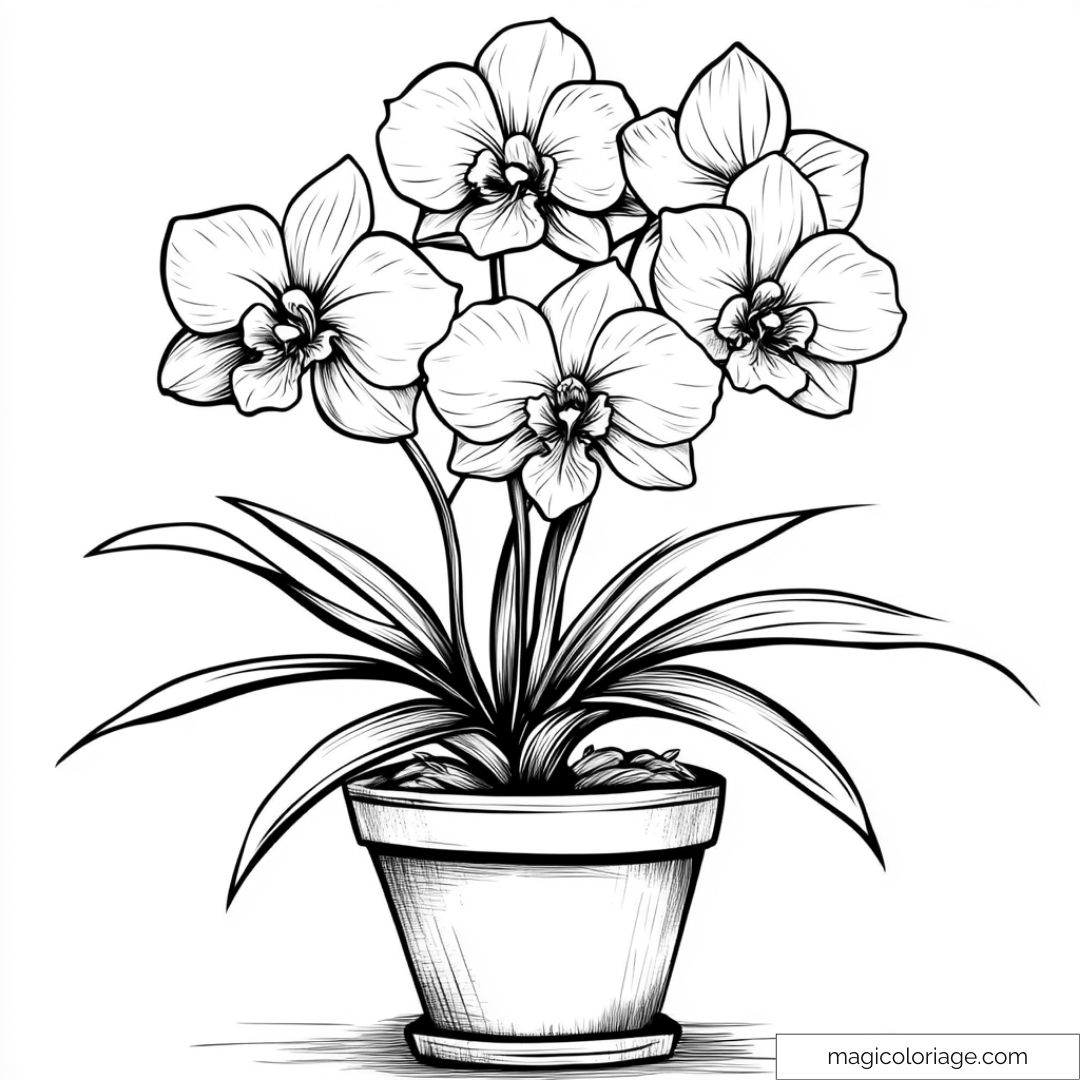 Dessin d'orchidées en pot à colorier