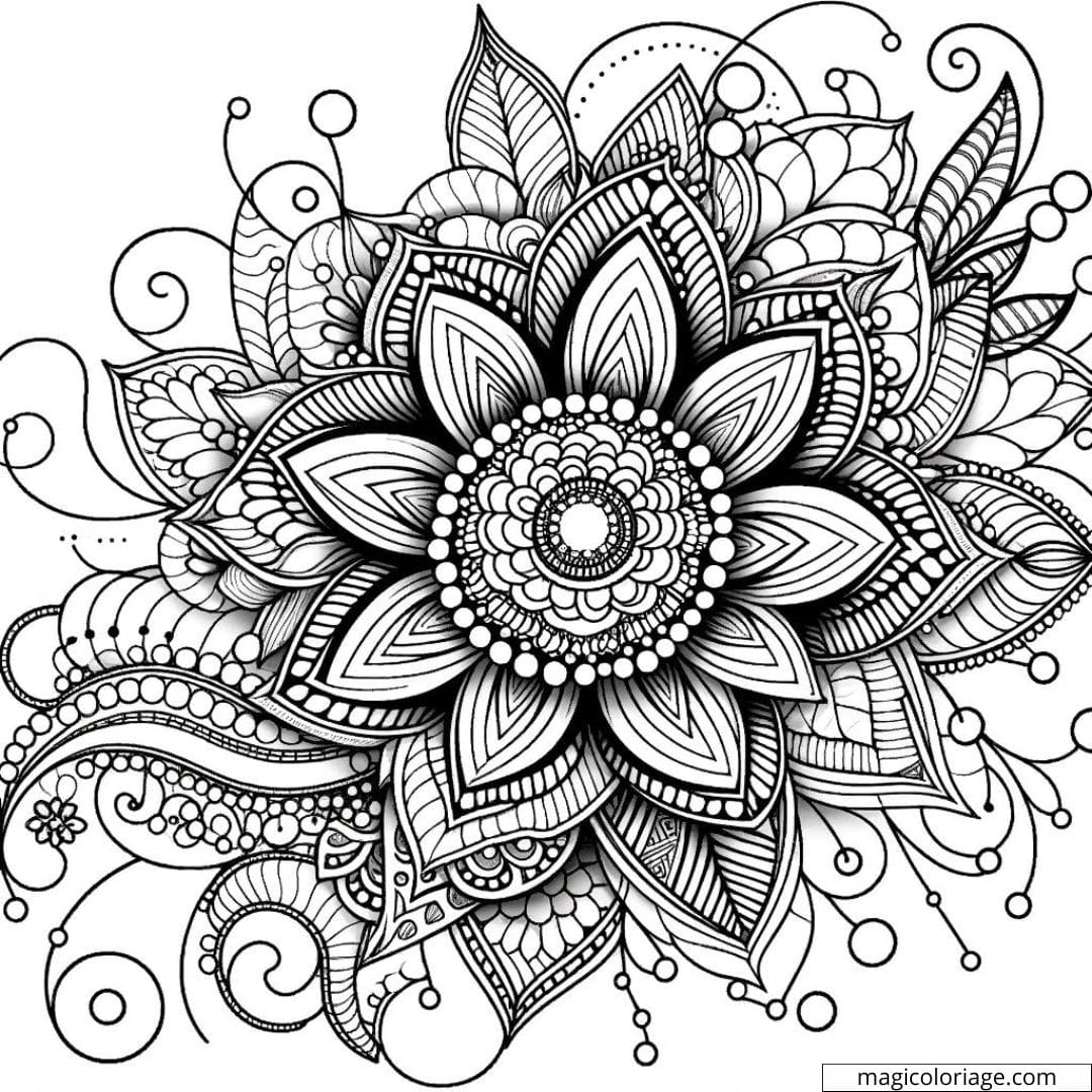 Coloriage fleur abstraite difficile avec des formes petites et des motifs complexes.