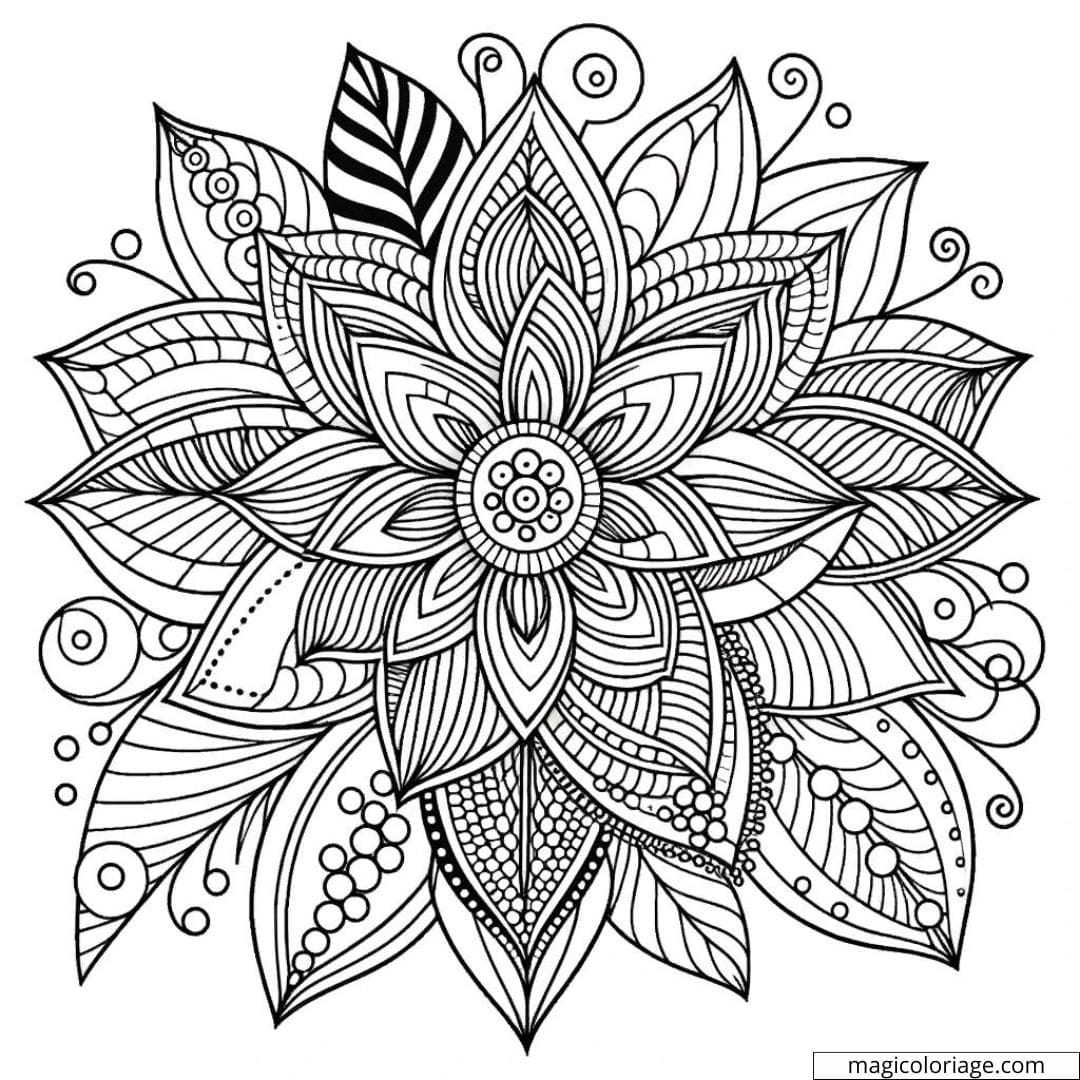 Coloriage fleur abstraite intermédiaire avec des formes de taille moyenne et des motifs variés.