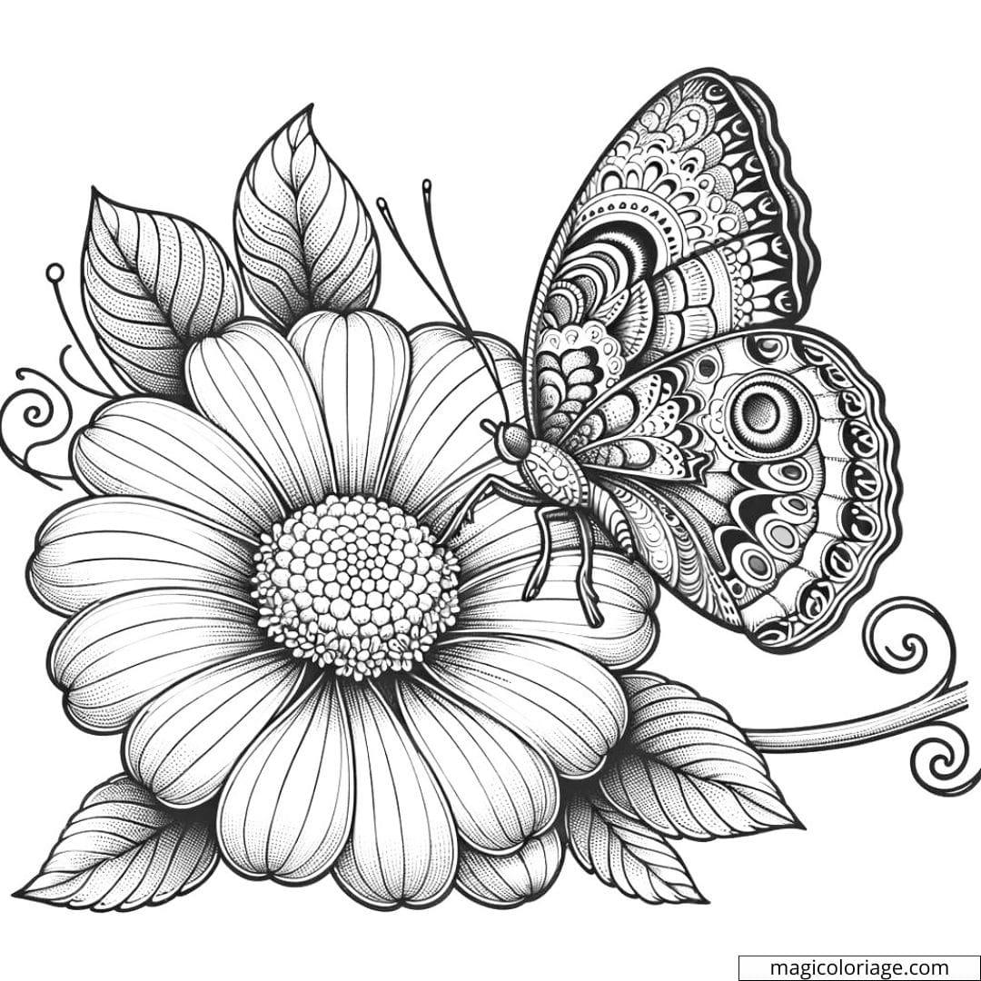 Coloriage fleur avec papillon difficile avec une petite fleur complexe et un papillon détaillé.
