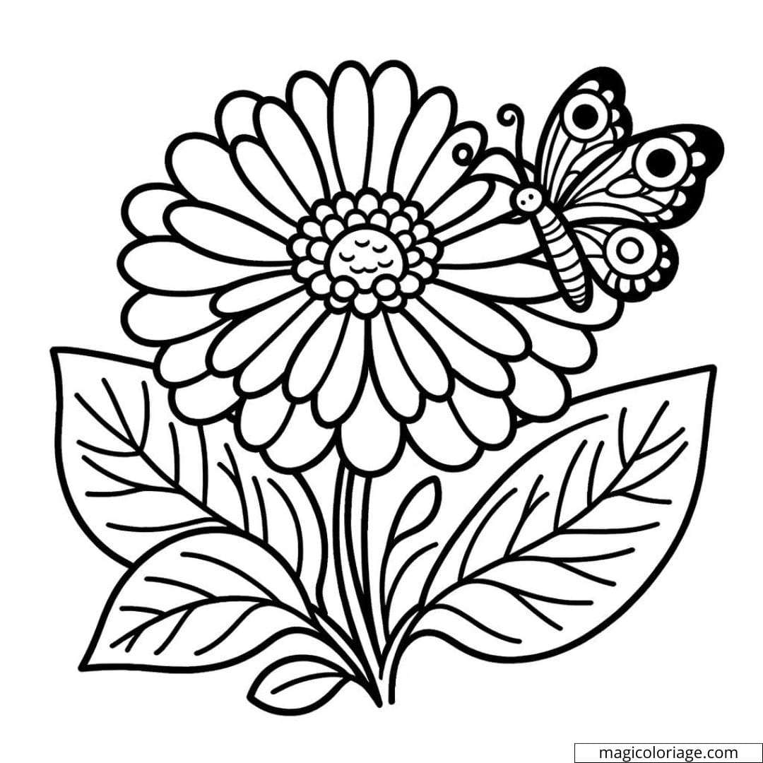 Un coloriage de fleur avec un papillon facile, avec une grande fleur simple et un papillon reposant sur un pétale, idéal pour les jeunes enfants.