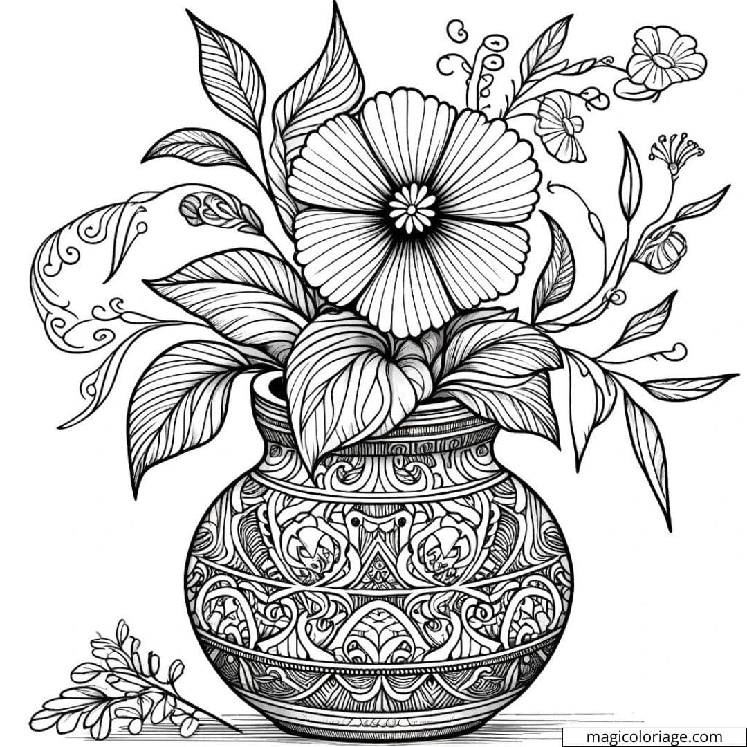 Coloriage fleur dans un vase difficile avec une petite fleur complexe et des motifs de vase détaillés.