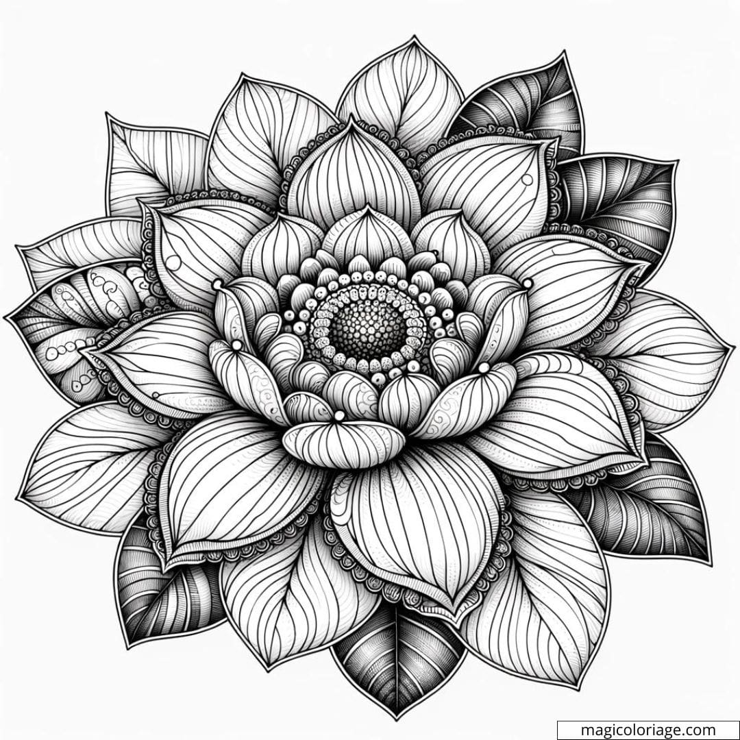 Coloriage fleur détail floral intermédiaire avec des pétales de taille moyenne et des motifs de veine détaillés.