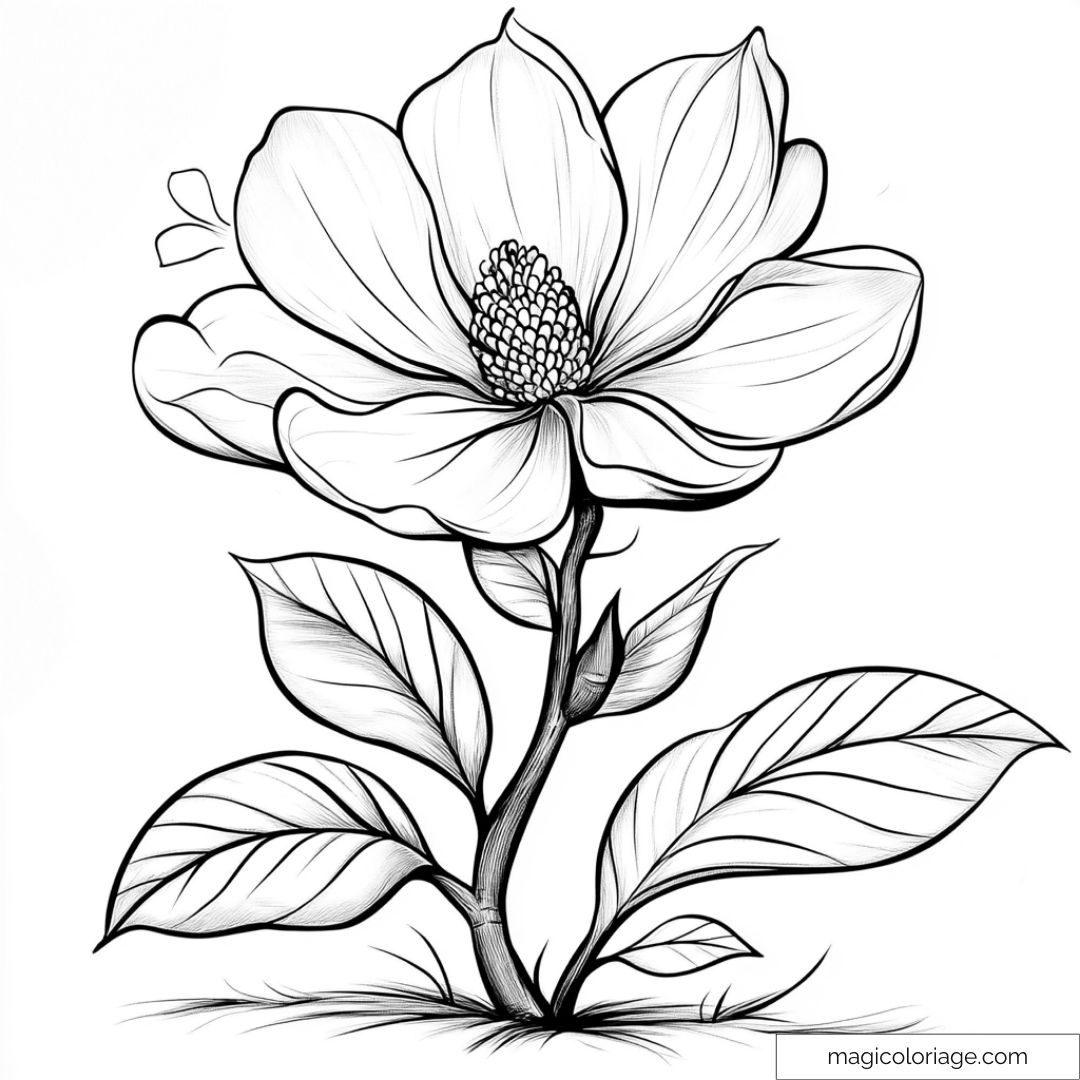 Fleur à colorier avec feuilles et détails réalistes