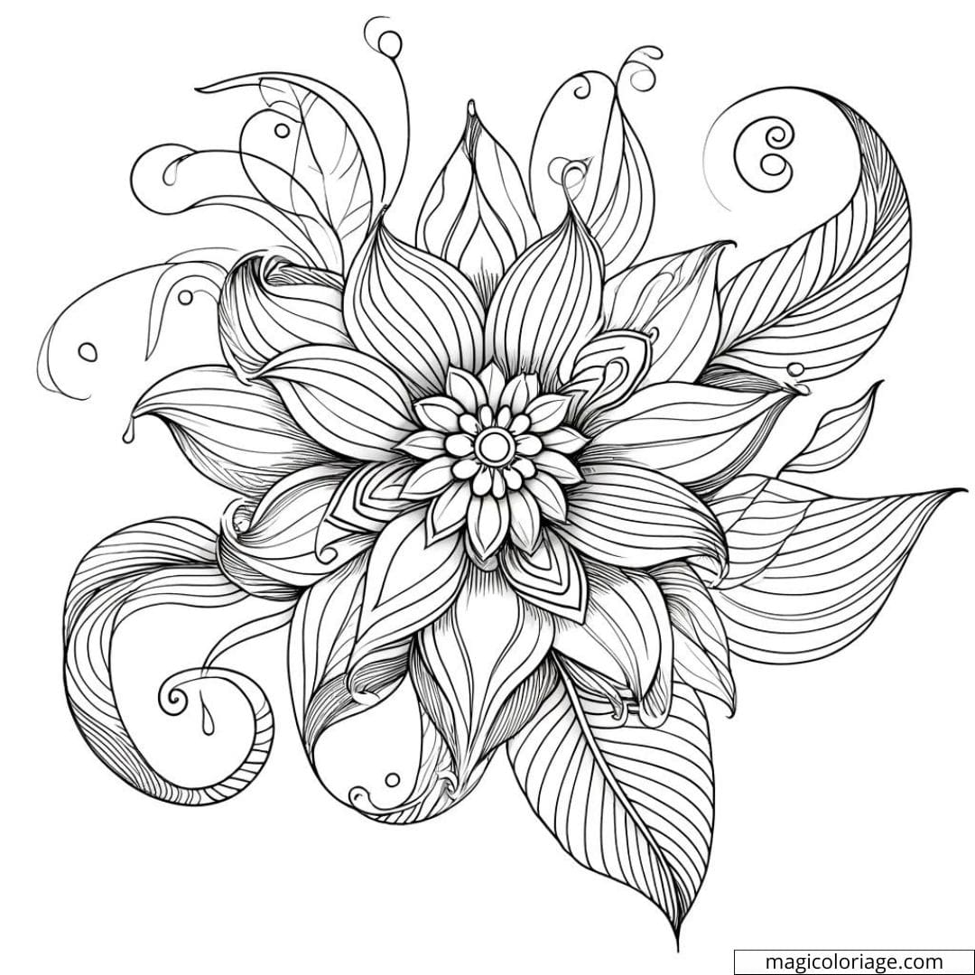 Coloriage fleur fantaisie facile avec de grandes pétales fantaisistes et des lignes larges.