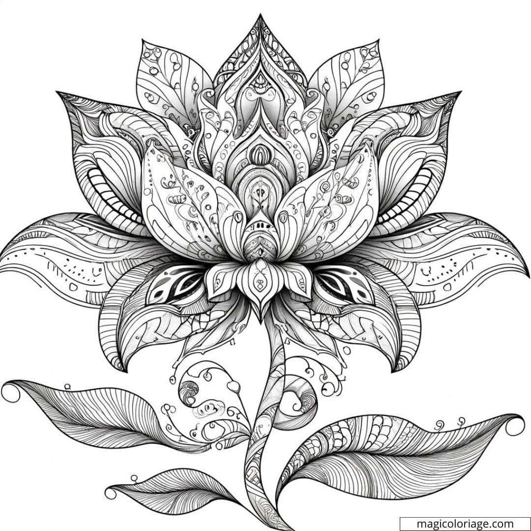 Coloriage fleur fantaisie intermédiaire avec des pétales de taille moyenne et des motifs fantaisistes.