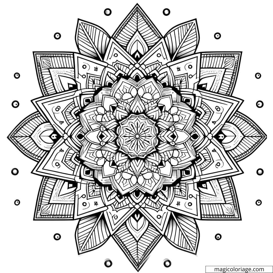 Coloriage fleur géométrique difficile avec des petites formes géométriques comme des octogones et des diamants.