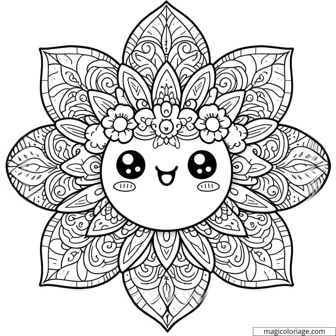 Coloriage fleur kawaii difficile avec des petits pétales et des motifs intérieurs complexes.
