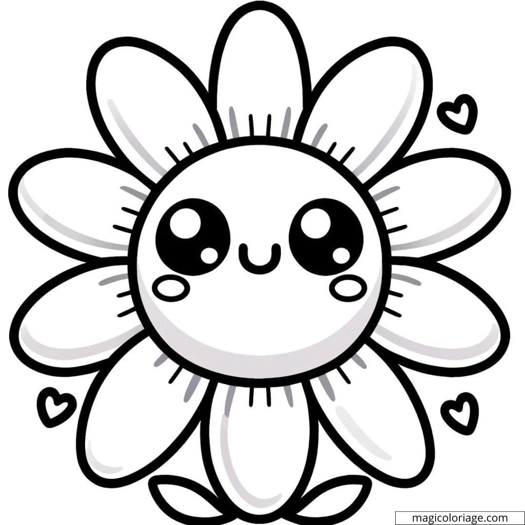 Coloriage fleur kawaii facile avec de grandes pétales et un visage souriant au centre.