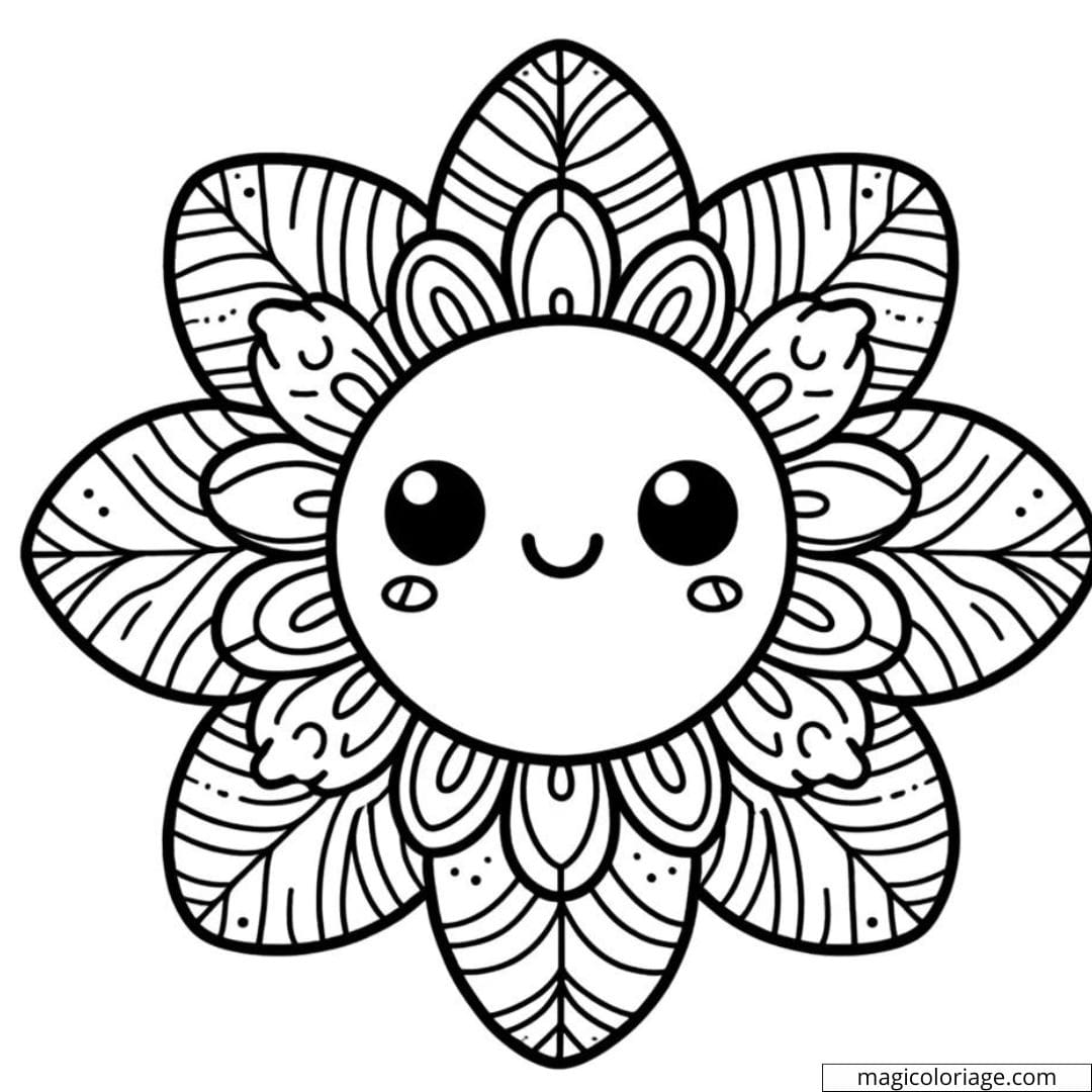 Coloriage fleur kawaii intermédiaire avec des pétales de taille moyenne et des motifs intérieurs.