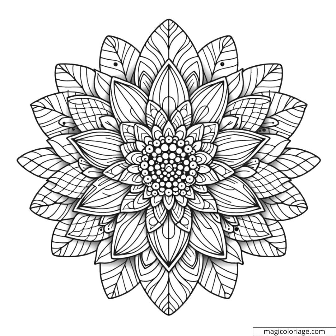 Coloriage fleur minimaliste difficile avec des pétales petits et des motifs intérieurs complexes.