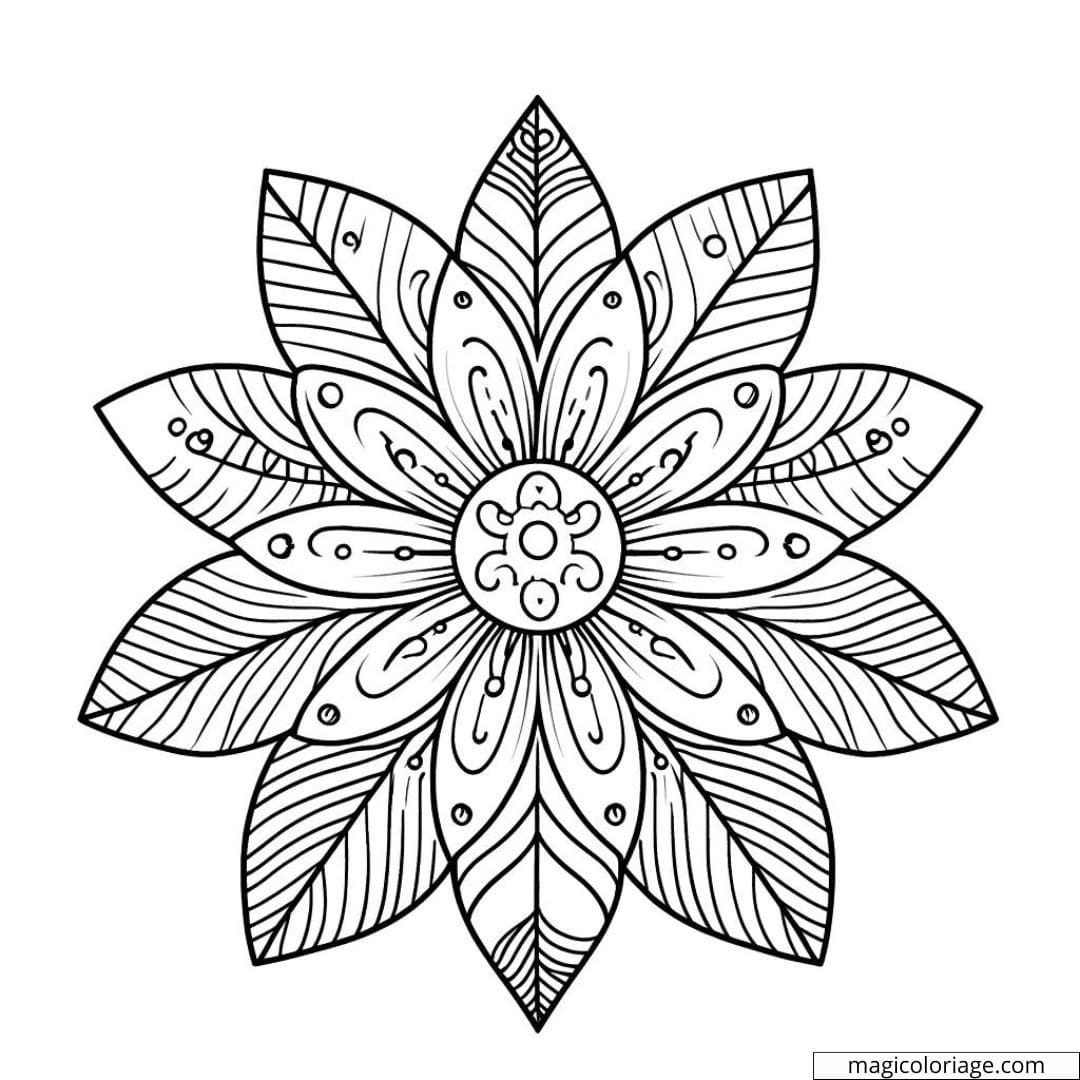 Coloriage fleur minimaliste intermédiaire avec des pétales de taille moyenne et des motifs intérieurs.