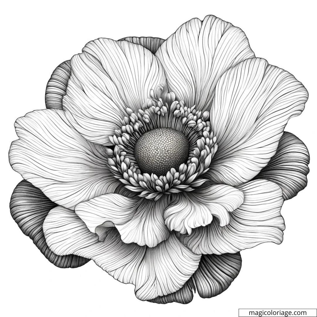 Coloriage fleur réaliste difficile avec des petits pétales et des motifs de veine complexes.