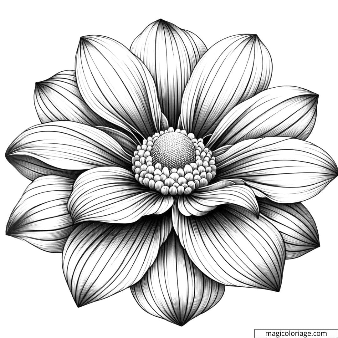 Coloriage fleur réaliste intermédiaire avec des pétales de taille moyenne et des motifs de veine détaillés.