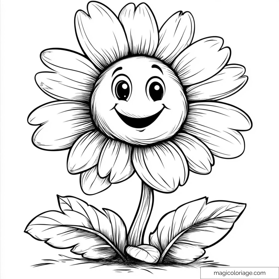 Illustration en noir et blanc d'une fleur avec visage souriant pour coloriage enfant.