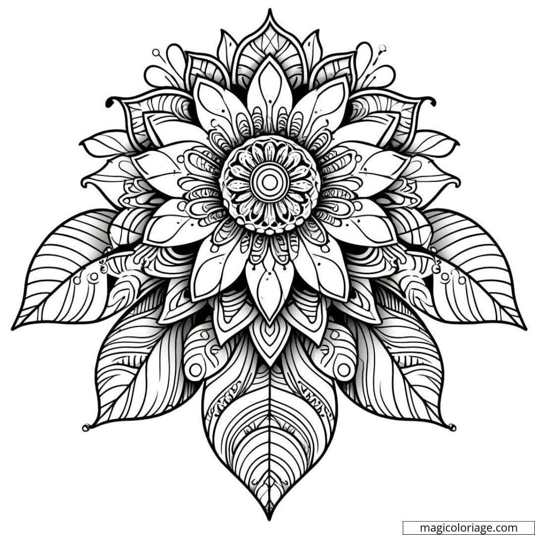 Coloriage fleur stylisée difficile avec des petites formes audacieuses et des motifs complexes.