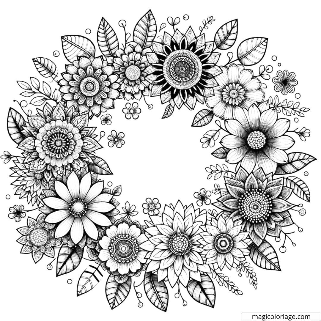 Coloriage fleurs en cercle difficile avec des petites fleurs et des motifs complexes.