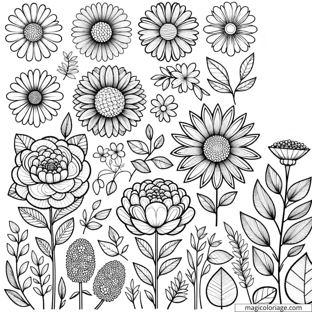 Coloriage fleurs multiples facile avec de grandes fleurs simples et des lignes larges.