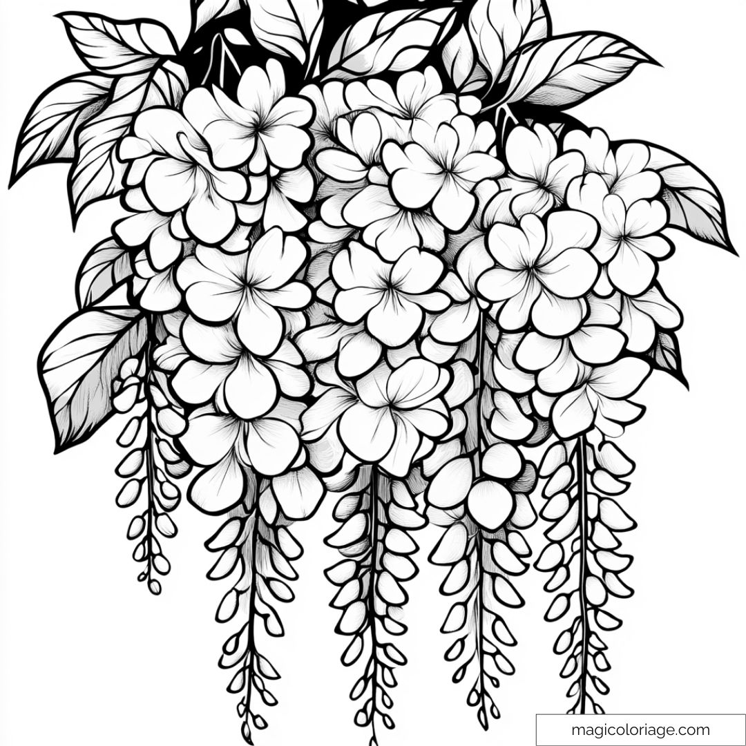 Dessin de fleurs suspendues avec feuilles détaillées.