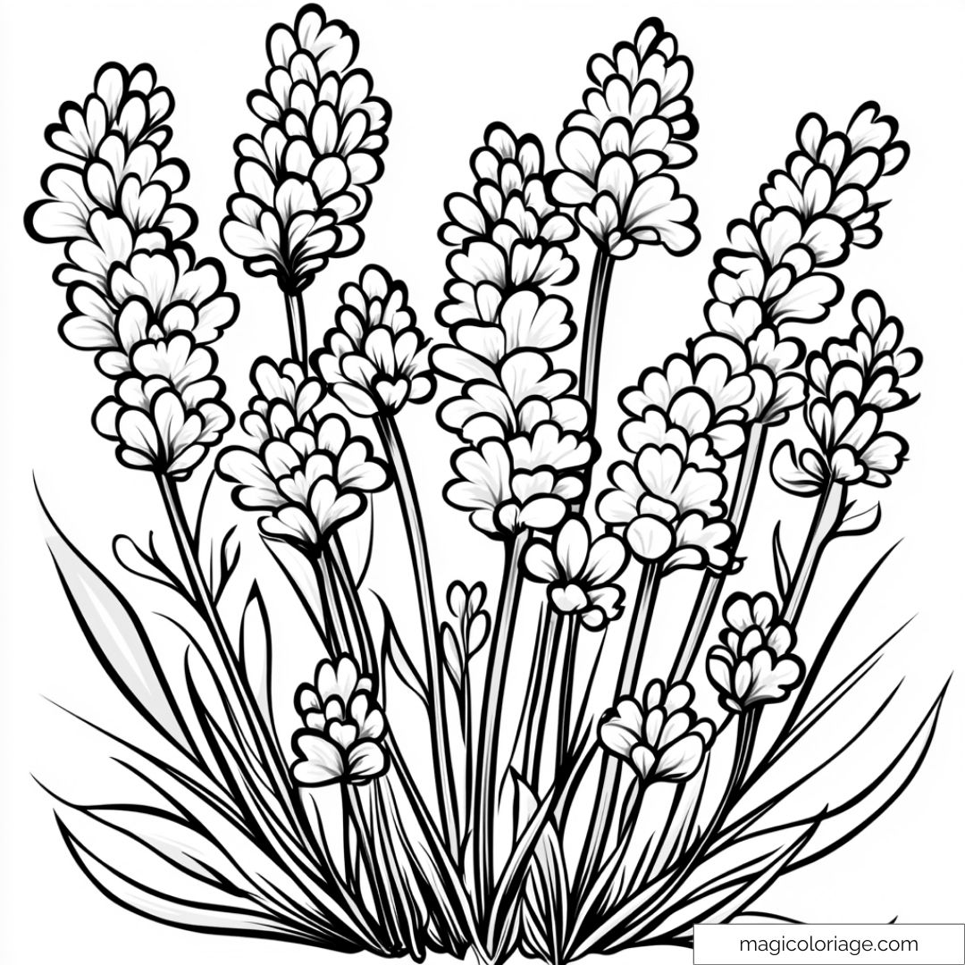 Dessin de lavande fleurie prêt à être colorié par petits et grands.