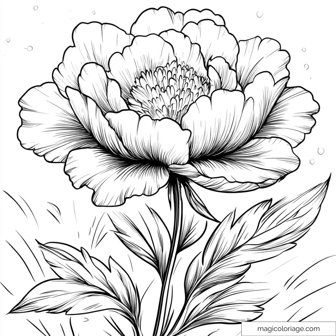 Dessin de pivoine avec pétales détaillés et feuilles