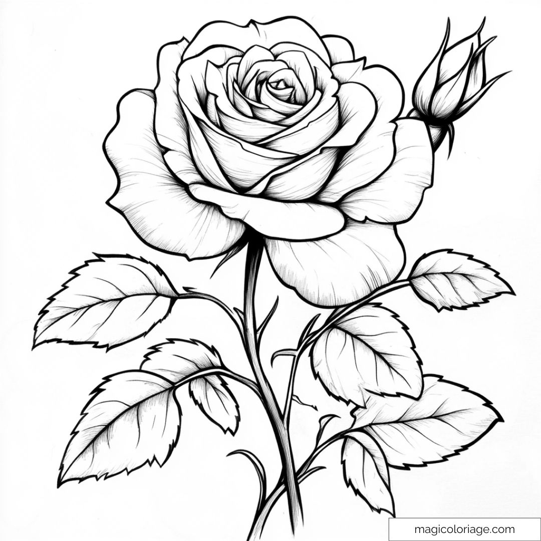 Coloriage d'une rose avec pétales et feuilles détaillés