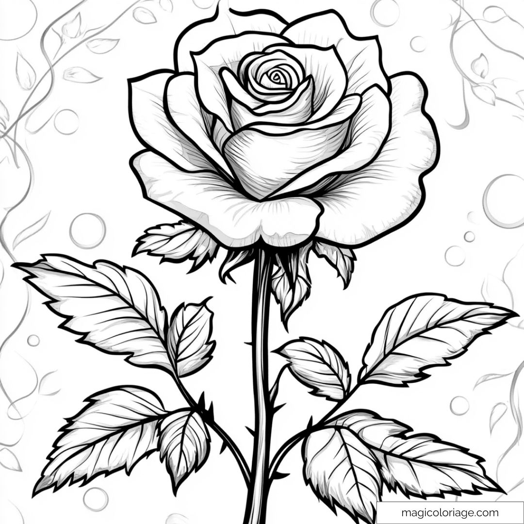 Image de rose à colorier avec feuilles et détails délicats