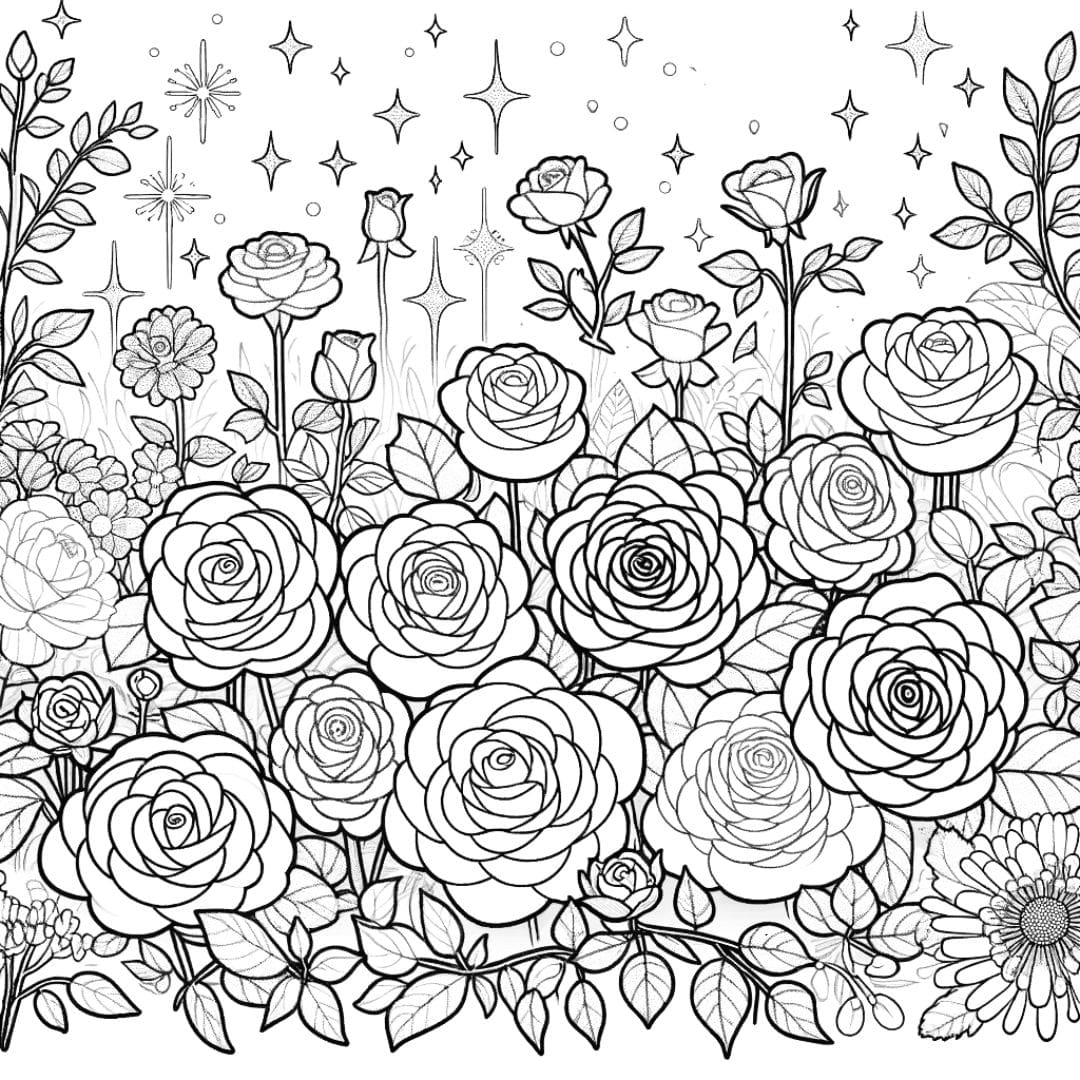 Dessin de roseraie enchantée à colorier pour enfants