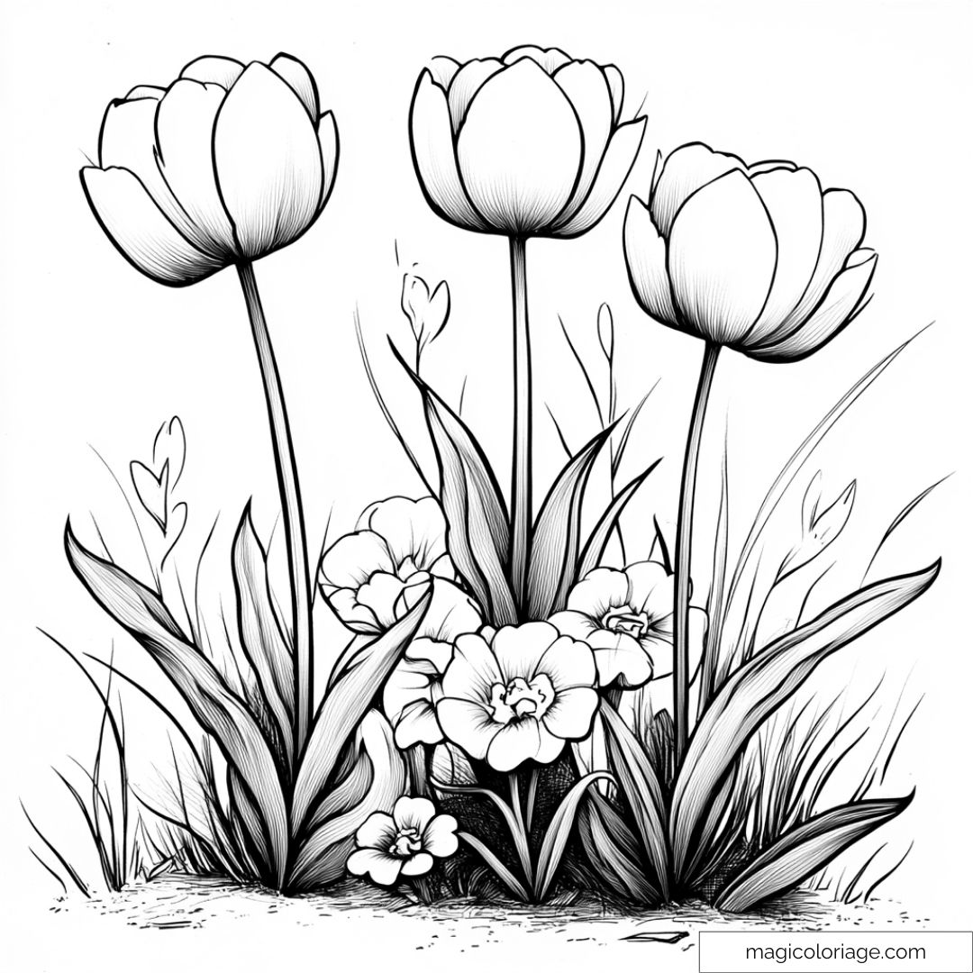 Dessin de tulipes élégantes et fleurs sauvages en noir et blanc