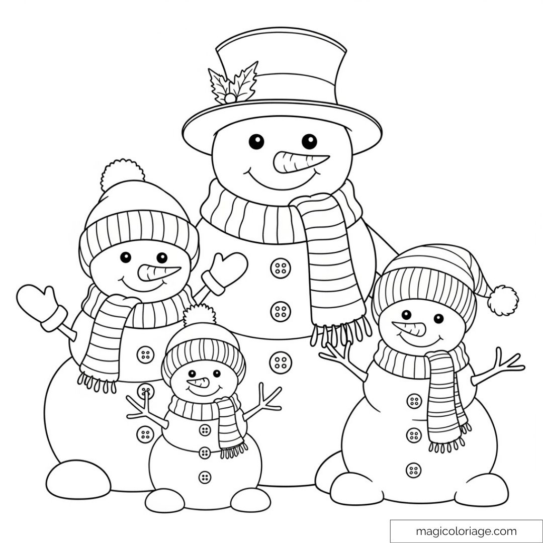 Dessin de bonshommes de neige avec chapeaux et écharpes.