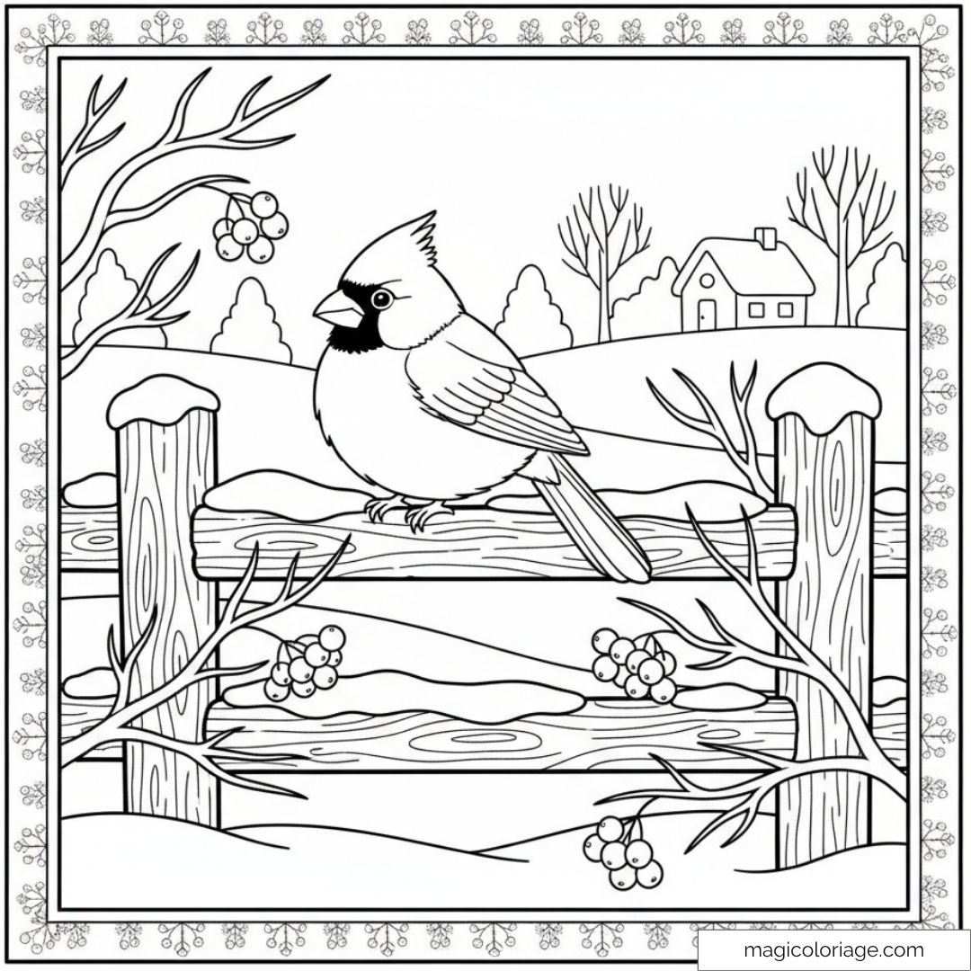 Coloriage cardinal sur une barrière enneigée avec paysage hivernal en arrière-plan.
