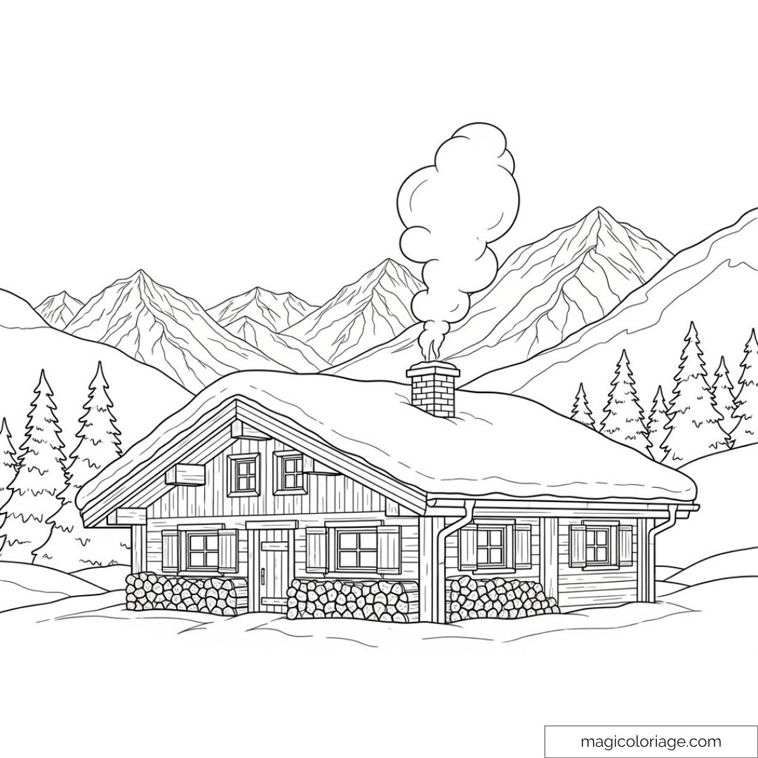 Chalet enneigé et montagnes