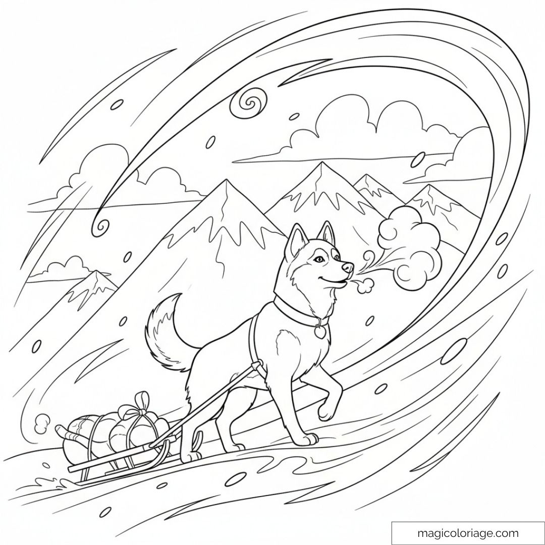 Dessin de chien de traîneau tirant une luge dans la neige avec des montagnes en arrière-plan.