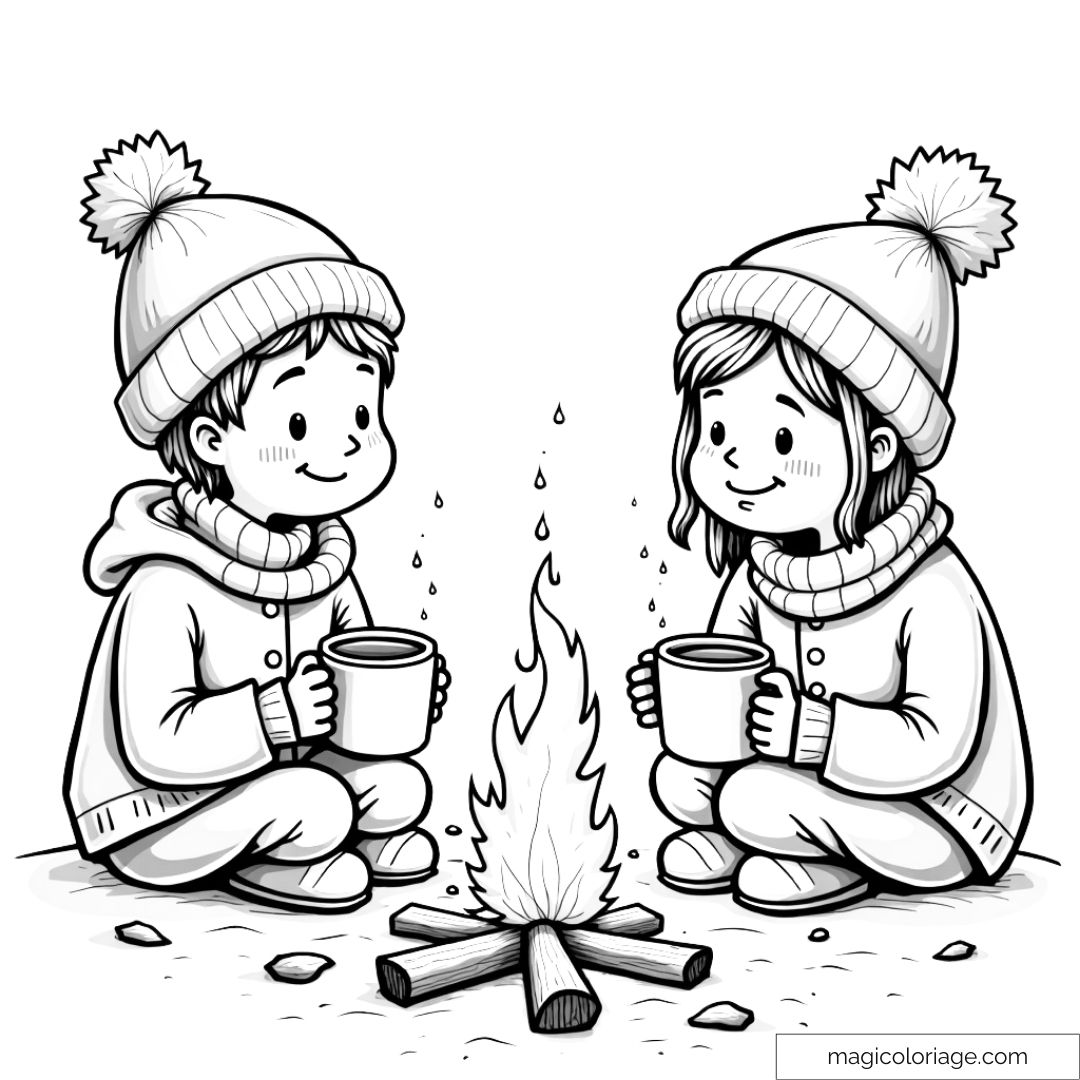 Deux enfants en manteaux et bonnets buvant du chocolat chaud autour d'un feu de camp en hiver à colorier